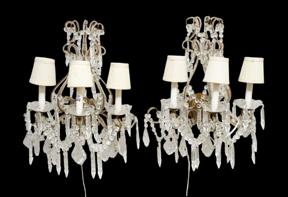Pr. Antique French style electrified 3 branch Crystal Wall sconces assorted prisms and beads 21" (1 of 6)