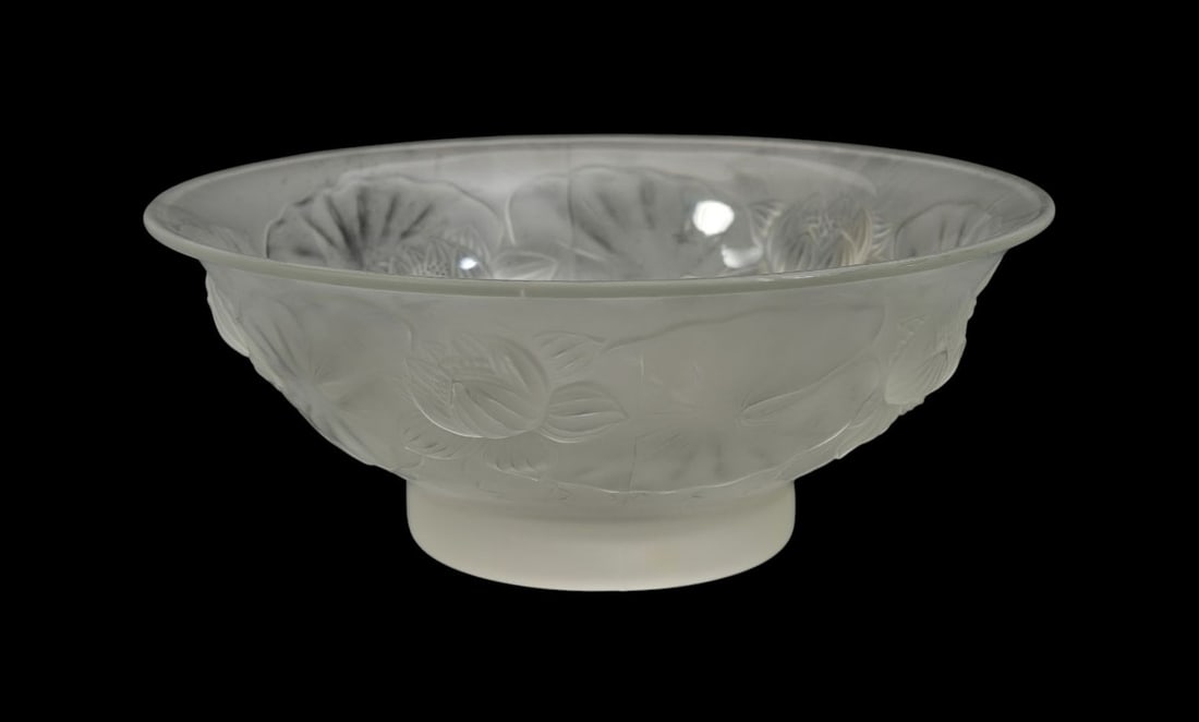 A Barolac "Water Lily" Czech Glass Bowl - C. 1930s. Clear and frosted glass bowl with water lilies: A Barolac "Water Lily" Czech Glass Bowl - C. 1930s. Clear and frosted glass bowl with water lilies and lily pads in relief. Probably by Josef Inwald Barolac. Marked "R. Lalique" to underside. 11 1/2"
