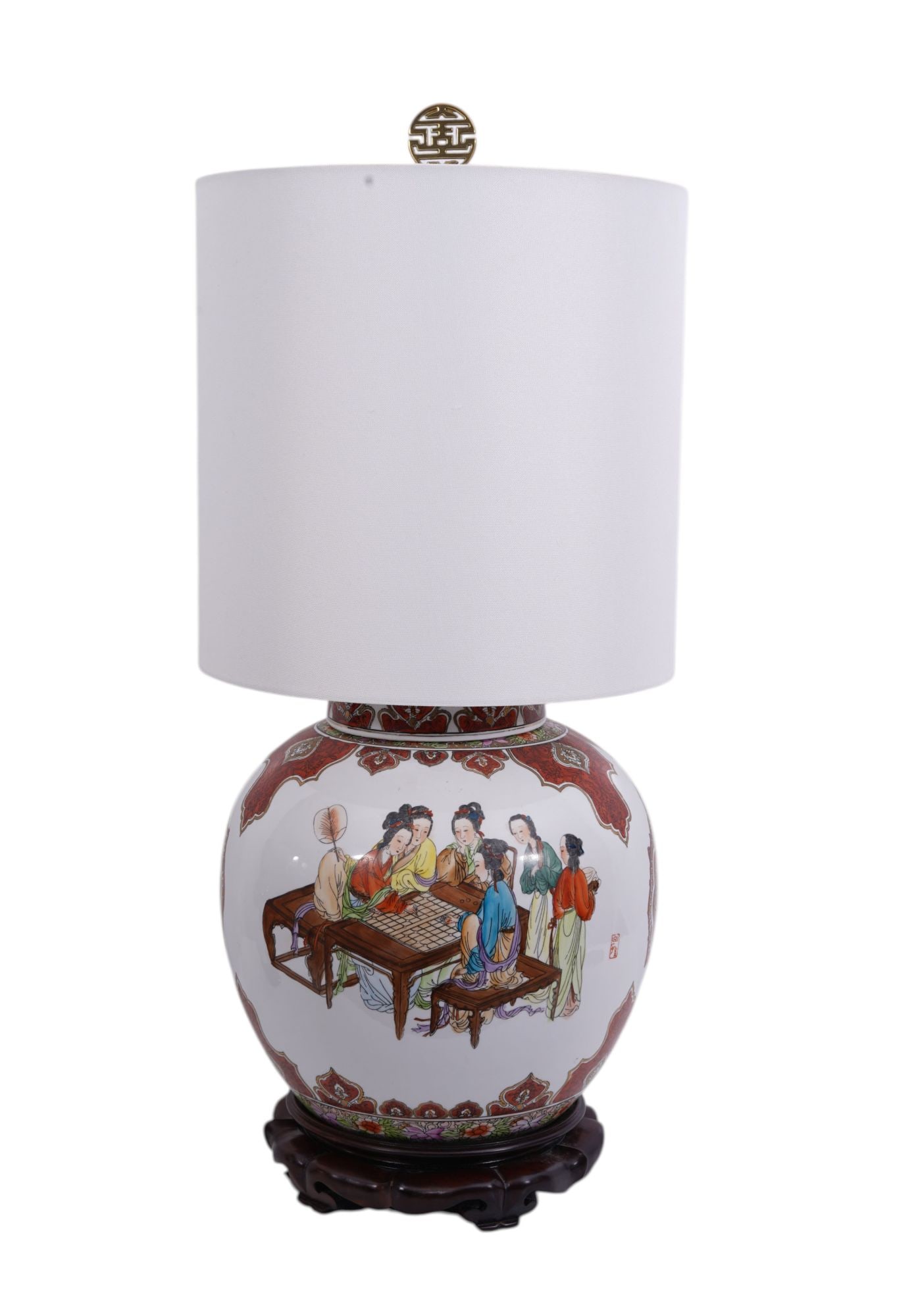 Hand painted Chinese Porcelain covered urn converted to lamp Scenes of women playing games and (1 of 8)