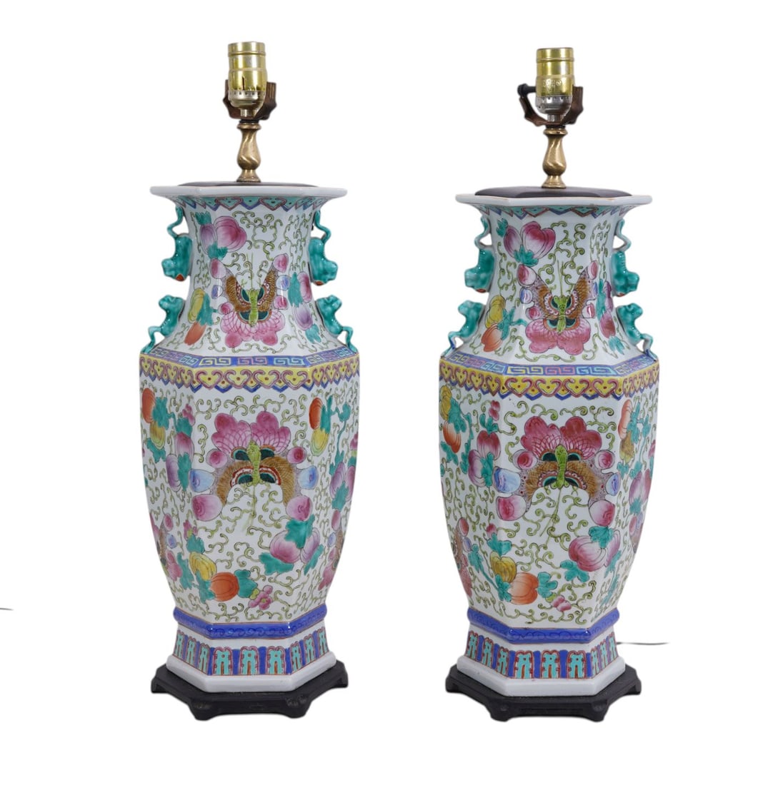 Pair Butterfly motif Chinese Famile rose lamps. 22" high to top of socket x 7" w x 7" d: Pair Butterfly motif Chinese Famile rose lamps. 22" high to top of socket x 7" w x 7" d
