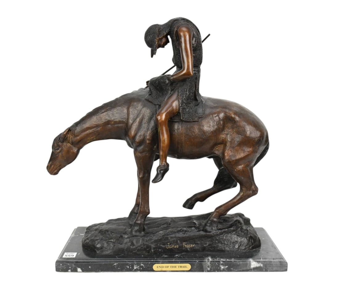 After James Earle Fraser (Amer., 1876 - 1953), "End of the Trail", bronze recast on black marble (1 of 7)