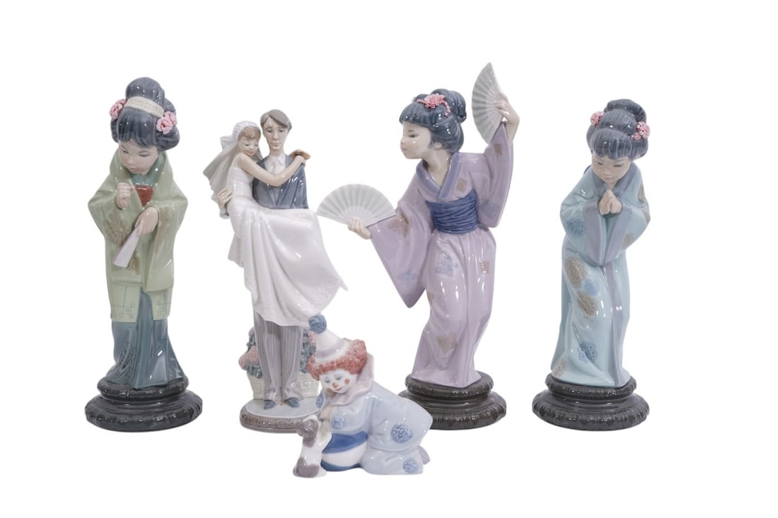 Group of 5 Lladro porcelain figurines 3 geisha girls, Bride and groom, and young clown tallest is (1 of 6)