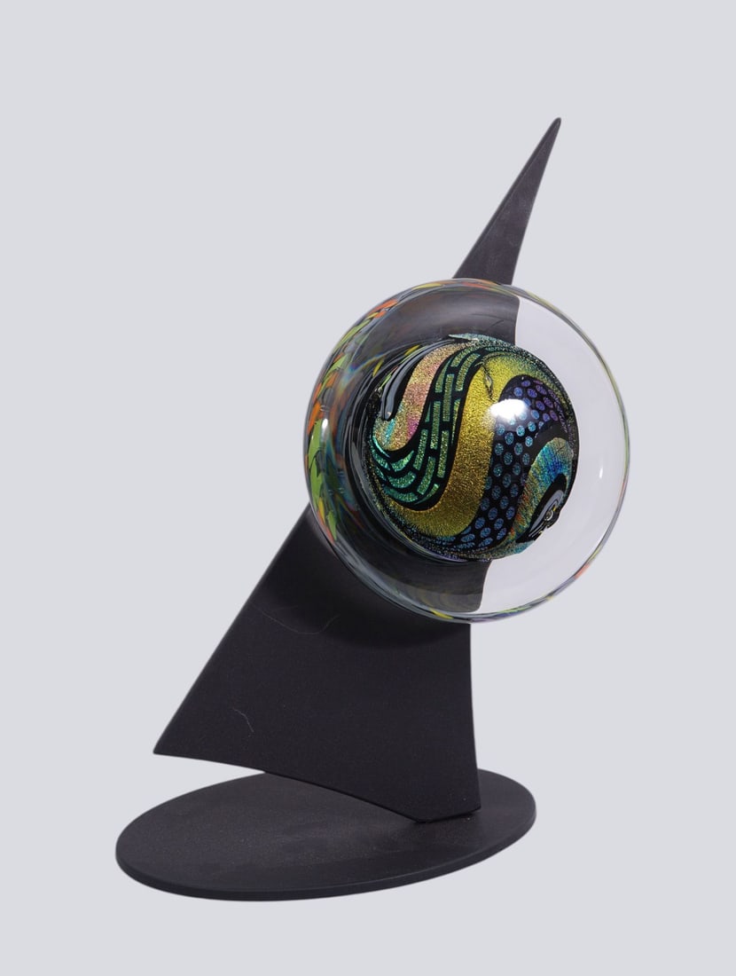 ROLLIN KARG (US, 1944- ) ART GLASS SCULPTURE, Abstract Dichrotic Glass Disc, with transparent (1 of 8)