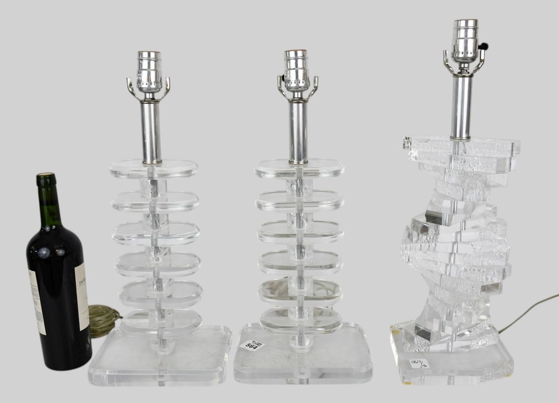 3 Lucite Lamps, One Pair With Disc Columns (18 1/2"h to socket x 8"w base) AND Single Step Form, (1 of 4)