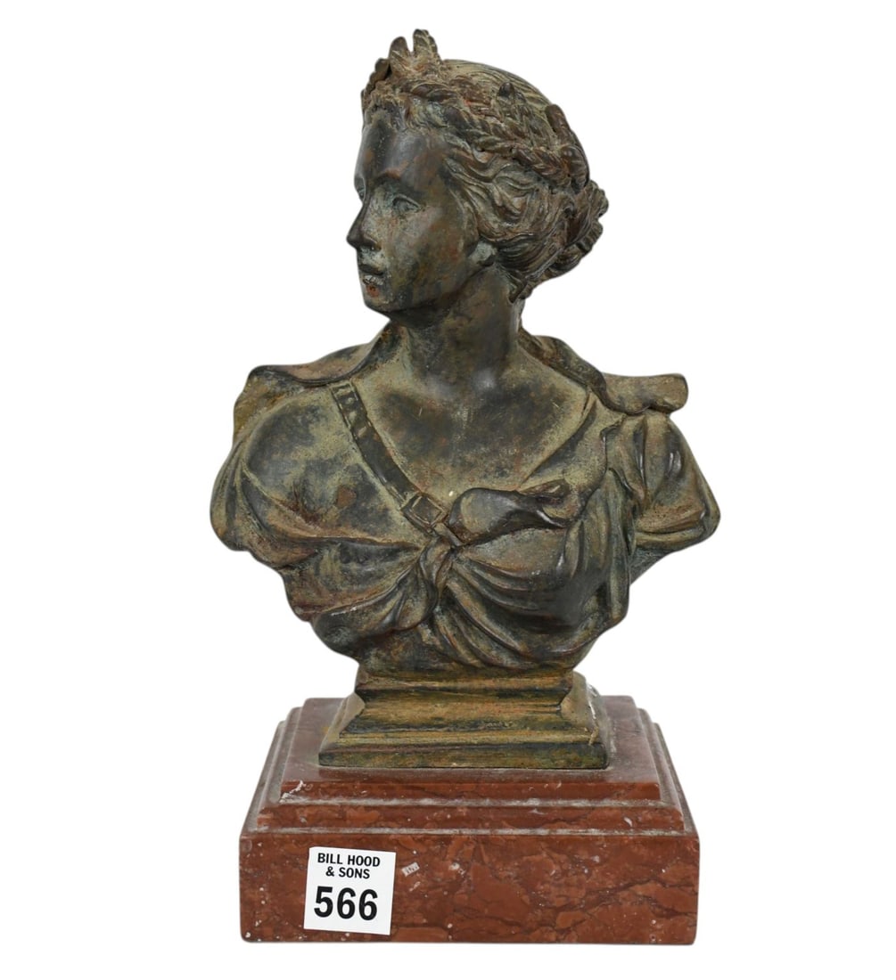 Decorative Female Bust in Old World Finish on Red Marble Base, 10"h x 5 1/2"w base (1 of 5)