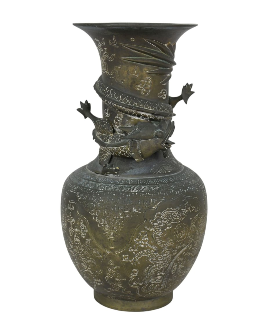 Bronze Chinese Vase, Dragon at Neck with Etched Chinese Designs, 9 1/2"h x 4"w (1 of 7)