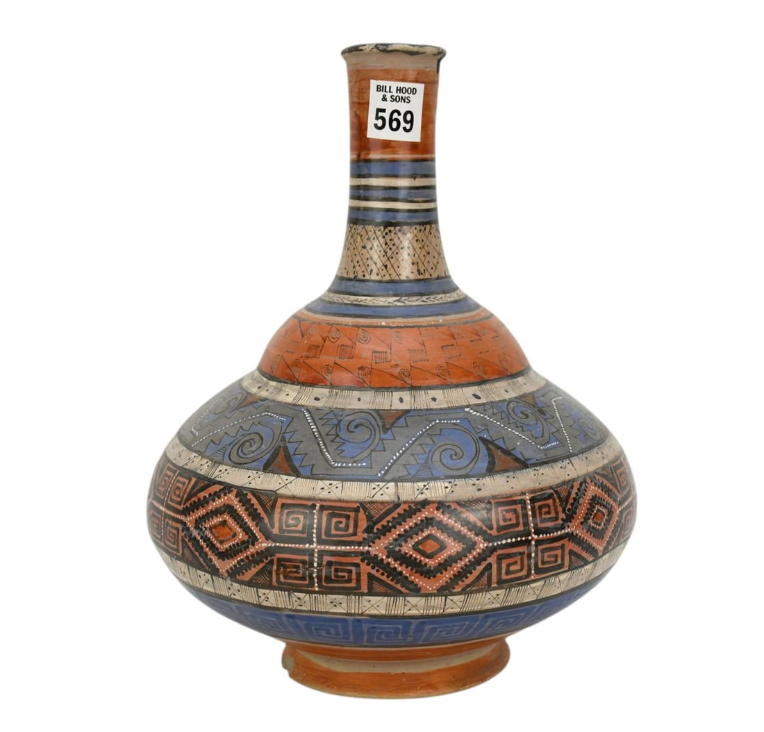 Mexican Bottle Neck Vase Pottery, Orange, Blue, Black and Cream Colors, 12"h x 10"w: Mexican Bottle Neck Vase Pottery, Orange, Blue, Black and Cream Colors, 12"h x 10"w