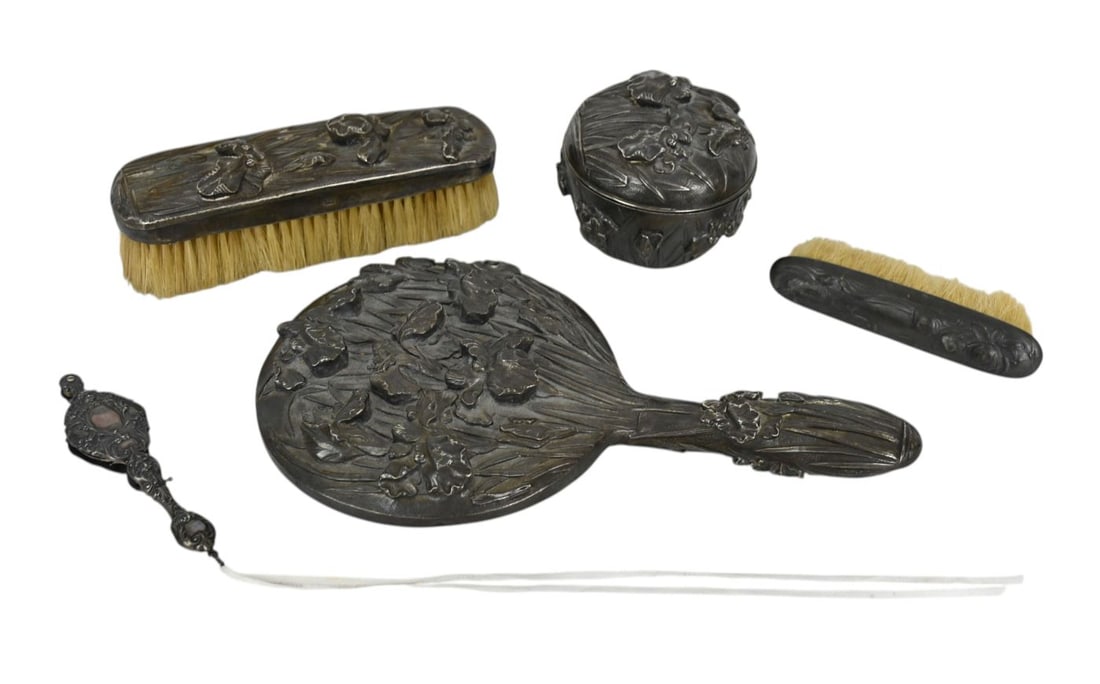 5 Silver "800" Vanity Pcs, Chinese Hallmarks, 3 Matching with Iris in Relief AND 2 Misc. Pcs. (1 of 7)