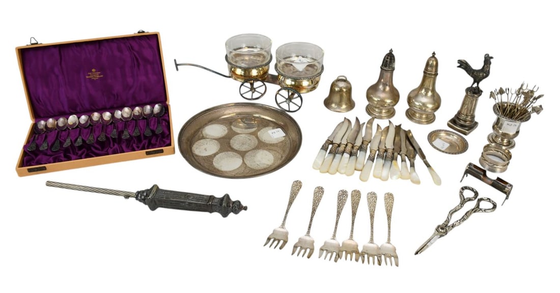 LARGE SILVER LOT: 6 Stieff Dessert Forks, Sterling Tray (8 1/2"dia), 13 Fruit Knives with Sterling (1 of 6)