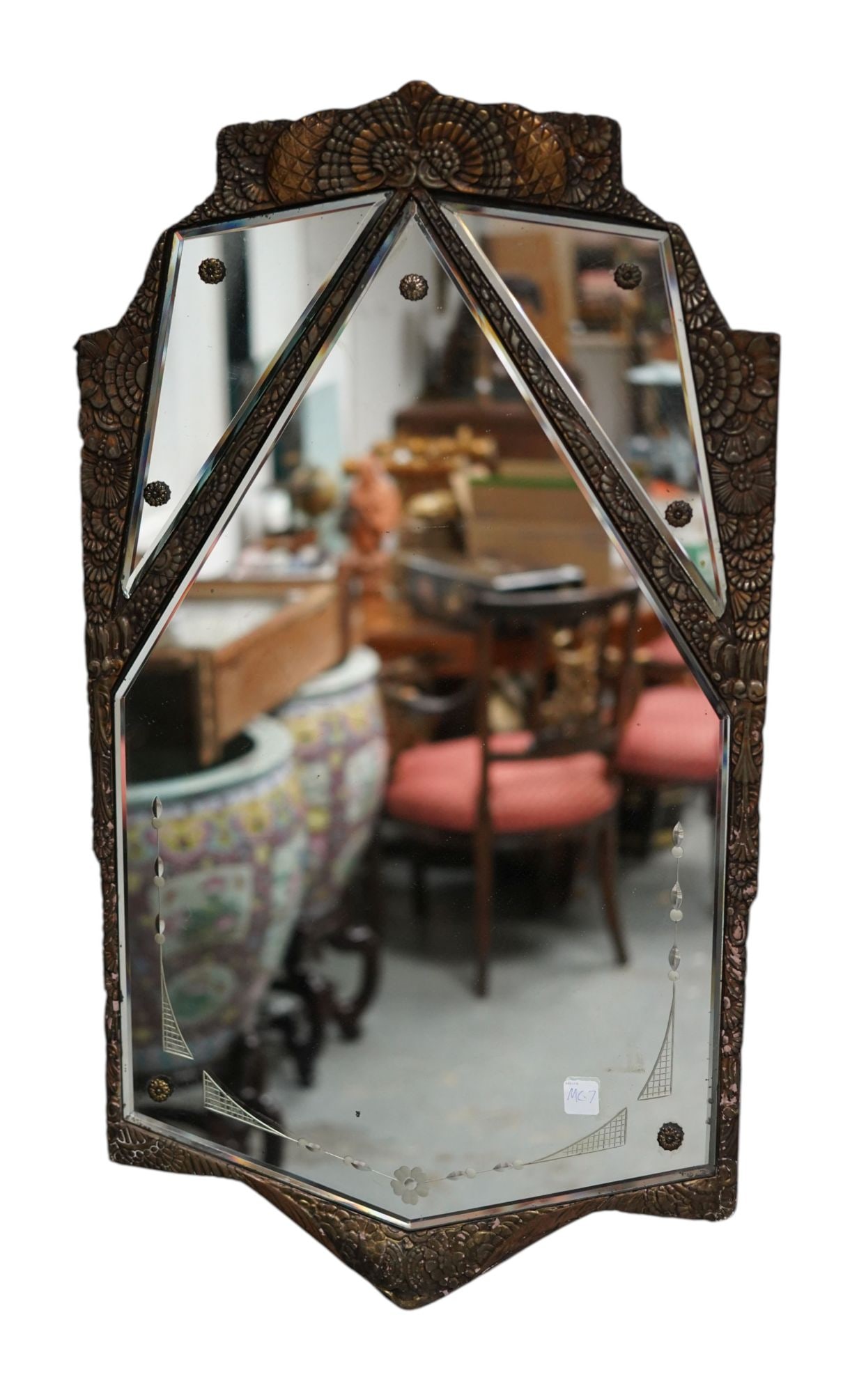 Art Deco Mirror, Carved Wood & Composition Silvered Bronze Finish with Shell Motif, 35"h x 20"w (1 of 7)