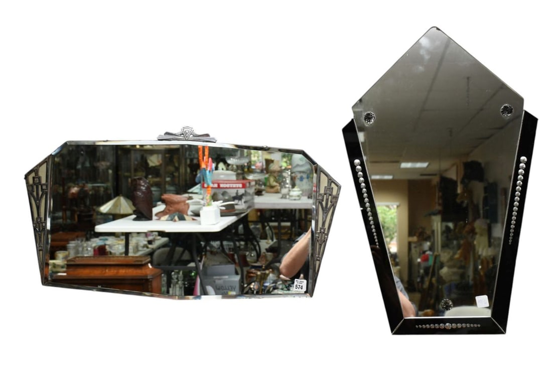 2 Art Deco Mirrors, One Geometric Form 3 Sided Black Glass (28 1/2"h x 18"w) AND Rectangular (1 of 8)