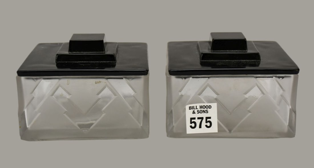 Pair Art Deco Glass Dresser Jars with Black Glass Lids, 3"h x 4" square (1 of 4)
