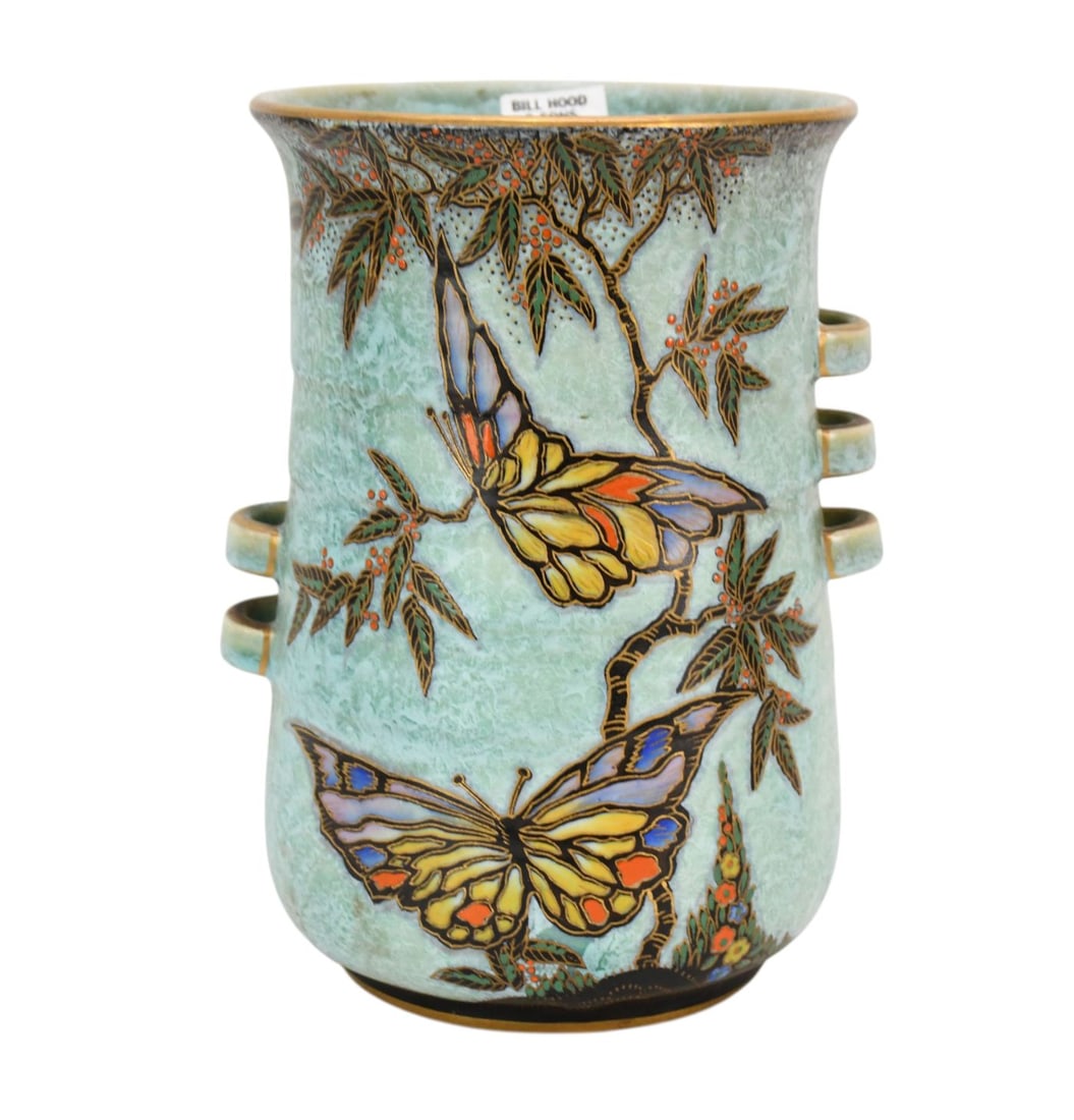 Crown Devon Pottery Butterfly Vase, Turquoise Ground with Butterflies, 8"h x 6"dia: Crown Devon Pottery Butterfly Vase, Turquoise Ground with Butterflies, 8"h x 6"dia
