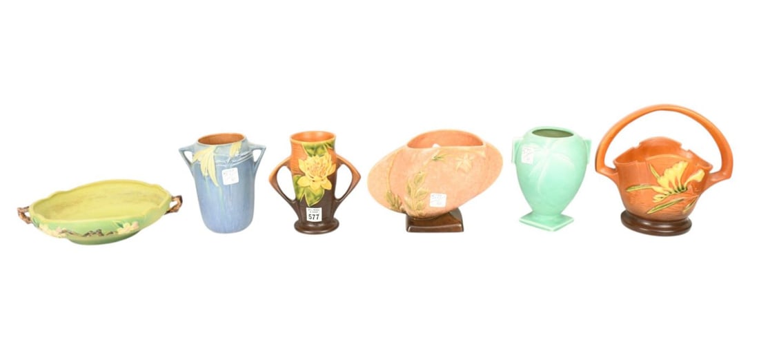 Collection of Roseville Pottery Pieces, 6 Assorted Sizes & Designs/Patterns, Largest 8 1/2"h x 8 (1 of 14)