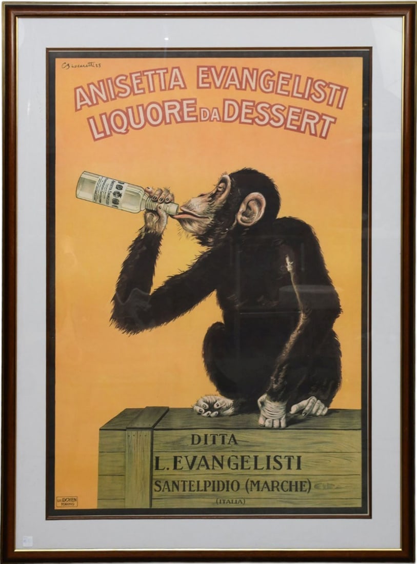 Print Advertising Poster Anisetta Evangelisti Liquore da Dessert: Modern Print of famous 1920's Italian advertising poster for "Anisetta Evangelisti Liquore da Dessert," designed by artist Carlo Biscaretti di Ruffia. Depicting : A chimpanzee sitting on a wooden crat