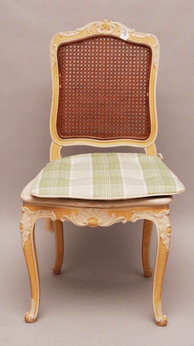 Pair country French side chairs, painted cream and yell: Pair country French side chairs, painted cream and yellow, caned seats and back