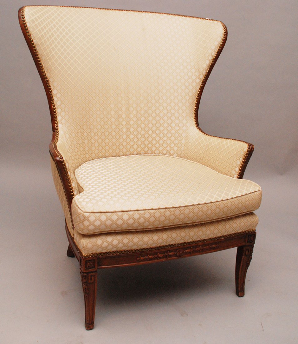 Wingback chair, mahogany frame, brass nail heads: Wingback chair, mahogany frame, brass nail heads