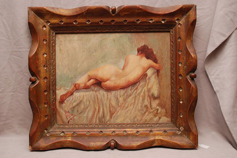Italian School Painting of a Reclining Nude. Oil on can: Italian School Painting of a Reclining Nude. Oil on canvas, turn of the century in a hand carved frame. Signed indistinctly on the lower left. 16"x20" & 22.5"x26.5" framed