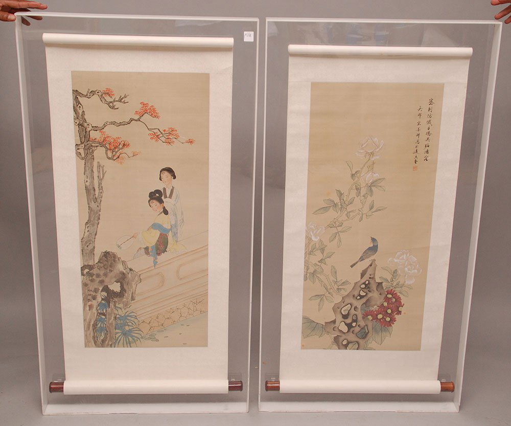 Pair of lucite shadow box framed Chinese Paintings on S: Pair of lucite shadow box framed Chinese Paintings on Silk, 48" x 25"