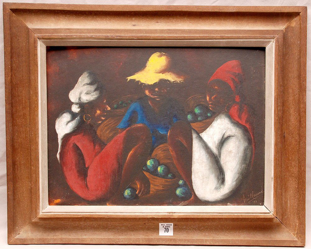Jean Jacques Guillamme (Haitian 20th Century) Oil on ma: Jean Jacques Guillamme (Haitian 20th Century) Oil on massonte board, signed lower right & dated 72, going to market, 12" x 16" unframed