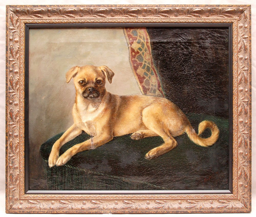 19th Century French School oil on canvas, "Dog Portrait: 19th Century French School oil on canvas, "Dog Portrait" 2 inch vertical tear on leg, signed Maes, 16-1/2" x 20"