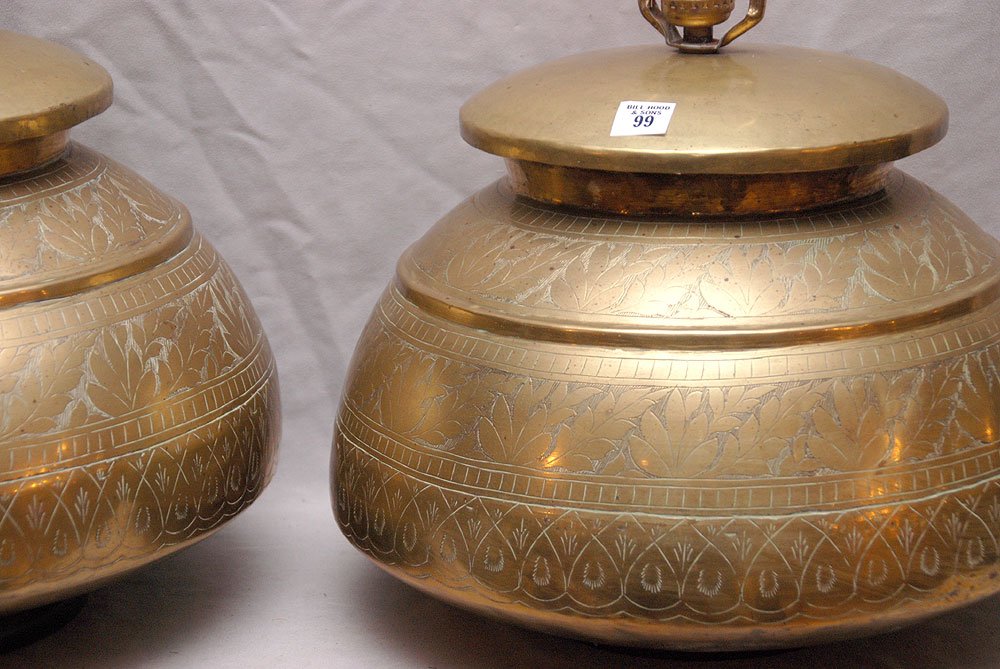 Pair brass bulbous "India" lamps with shades, 12"h (lam: Pair brass bulbous "India" lamps with shades, 12"h (lamp only)