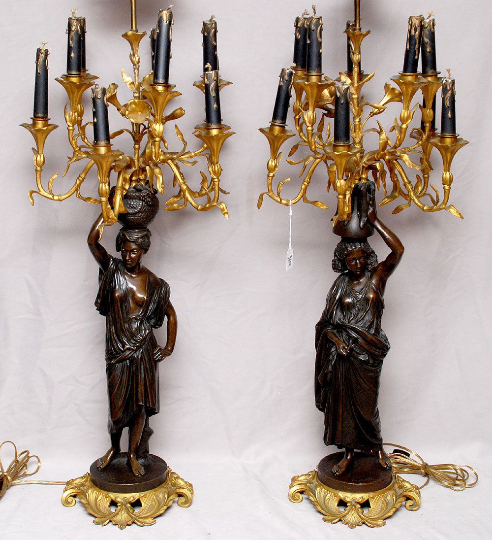 Pair antique patenated and gilded figural bronze 8 bran: Pair antique patenated and gilded figural bronze 8 branch candelabrum, 19th c, signed Charles Cumberworth (French 1811-1852) 43"h