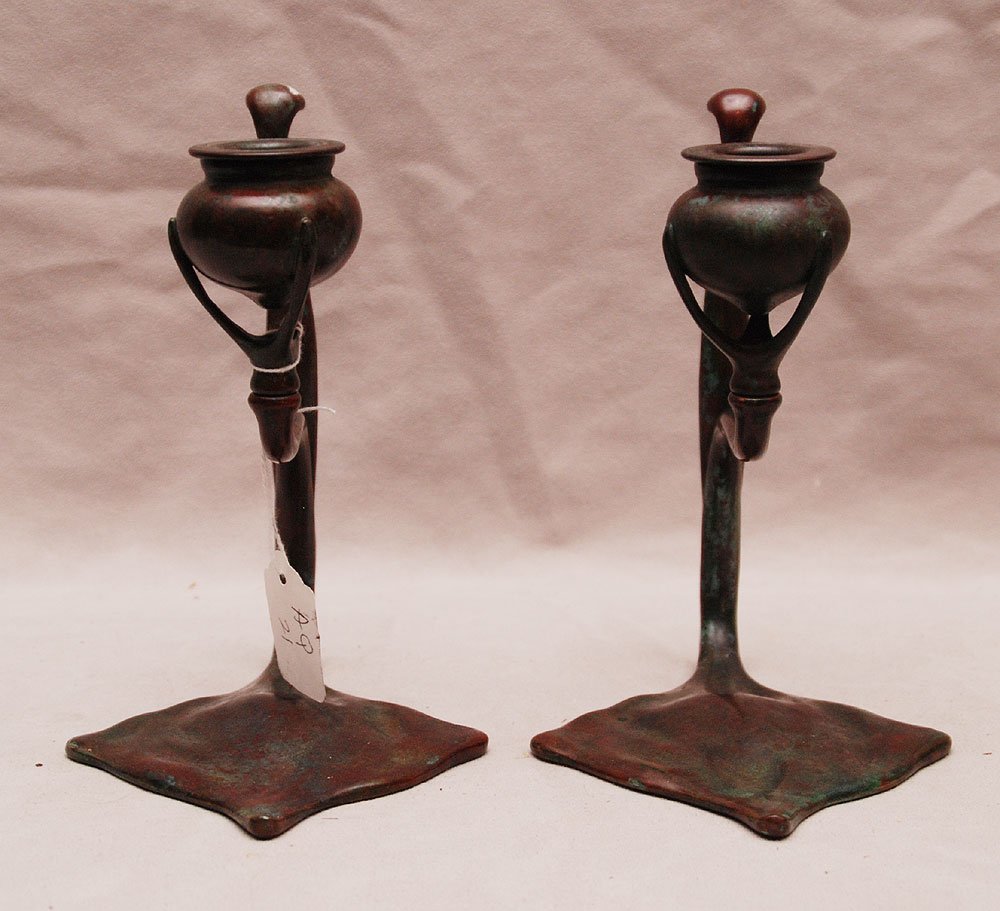 Pair of Bronze Tiffany Studios New York "Cobra" candles: Pair of Bronze Tiffany Studios New York "Cobra" candlesticks, 1203, 7 1/4"h
