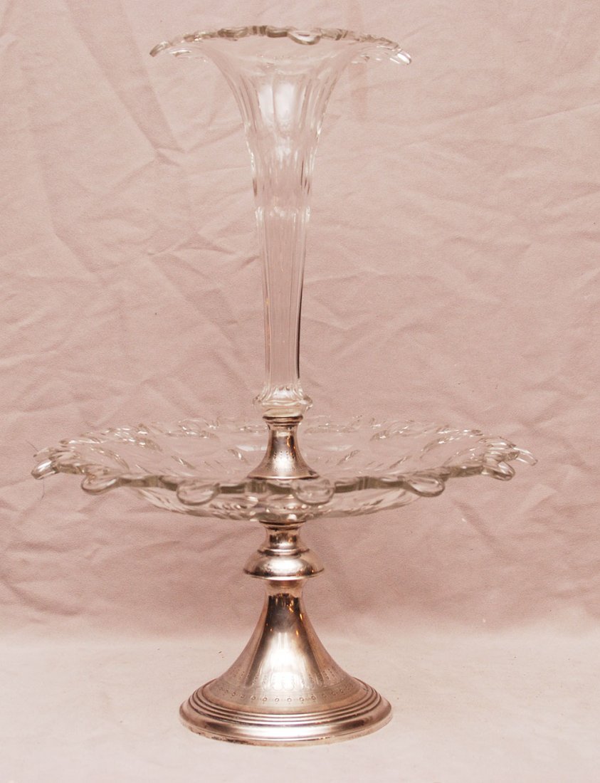 Glass epergne with silver, Dutch marks, 19"h: Glass epergne with silver, Dutch marks, 19"h