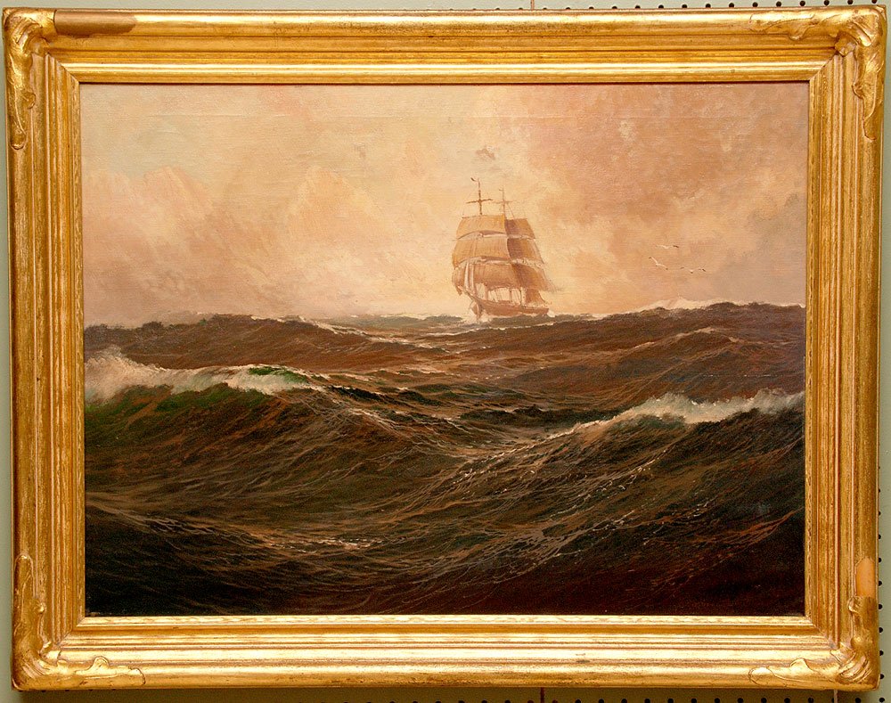 Franz Waldegg (Austria 1888 - 1966) oil on canvas, "cl: Franz Waldegg (Austria 1888 - 1966) oil on canvas, "clipper ship in rough seas" 23" X 31"