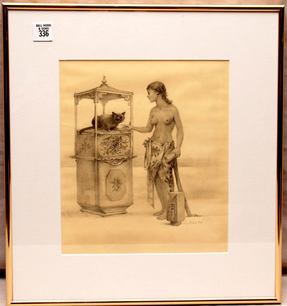 John B. Lear (American, b. 1910) pencil drawing girl a: John B. Lear (American, b. 1910) pencil drawing girl and cat, 11" x 9"