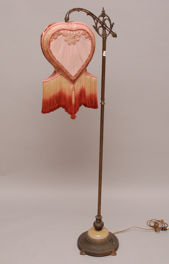 Iron and onyx floor lamp circa 1920, original fringed s: Iron and onyx floor lamp circa 1920, original fringed shade, 56"h