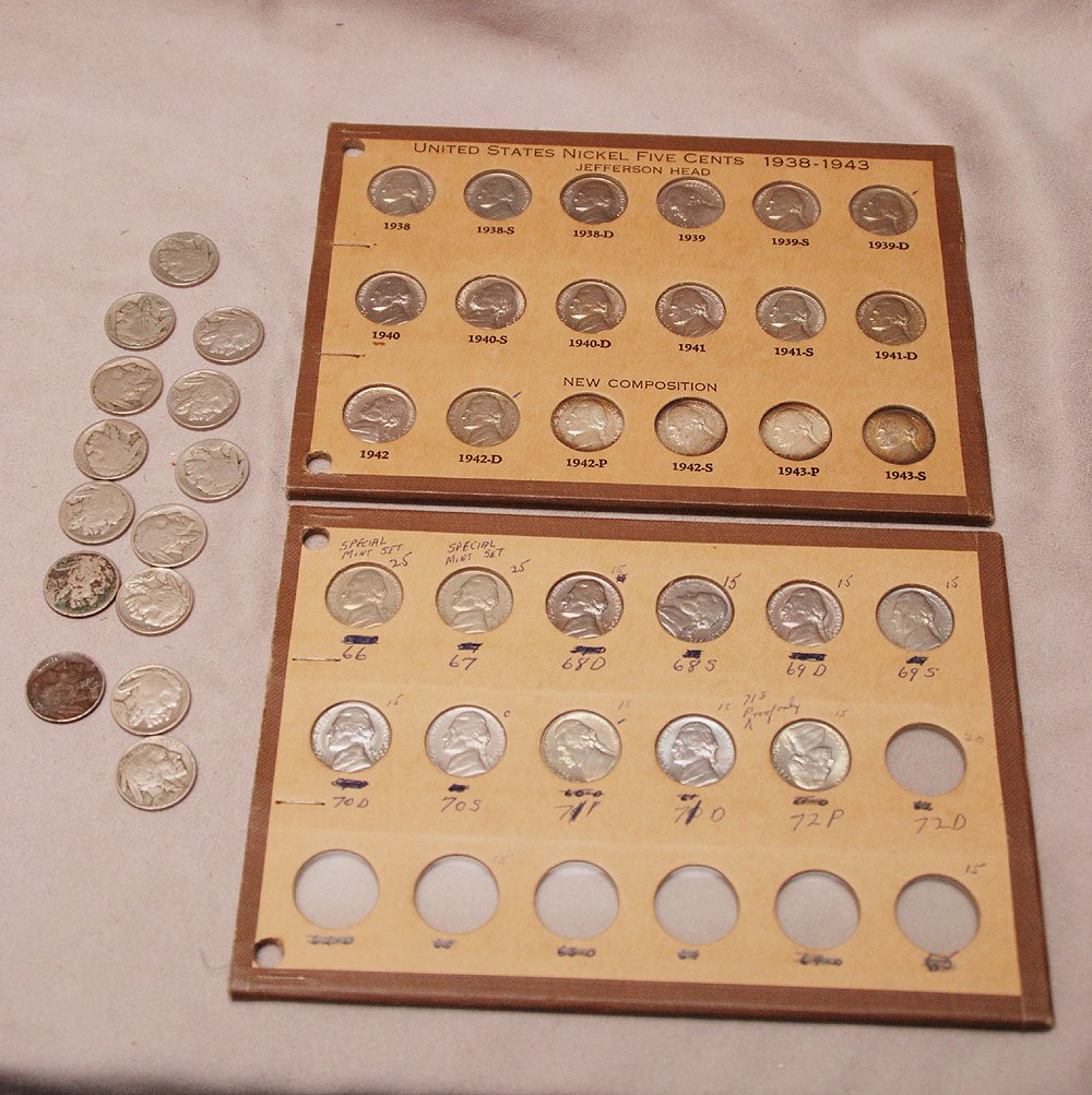 29 nickels (1938-1972), 13 Buffalo heads (dated 29, 35,