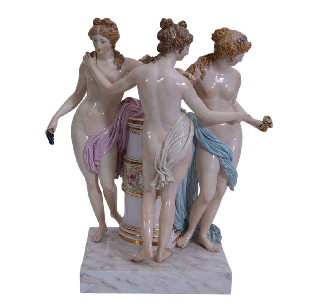 Meissen 19th c. Porcelain Grouping of 3 Graces with Cross Swords Impressed H. 148, 16"h x 13 1/2"w x (1 of 19)