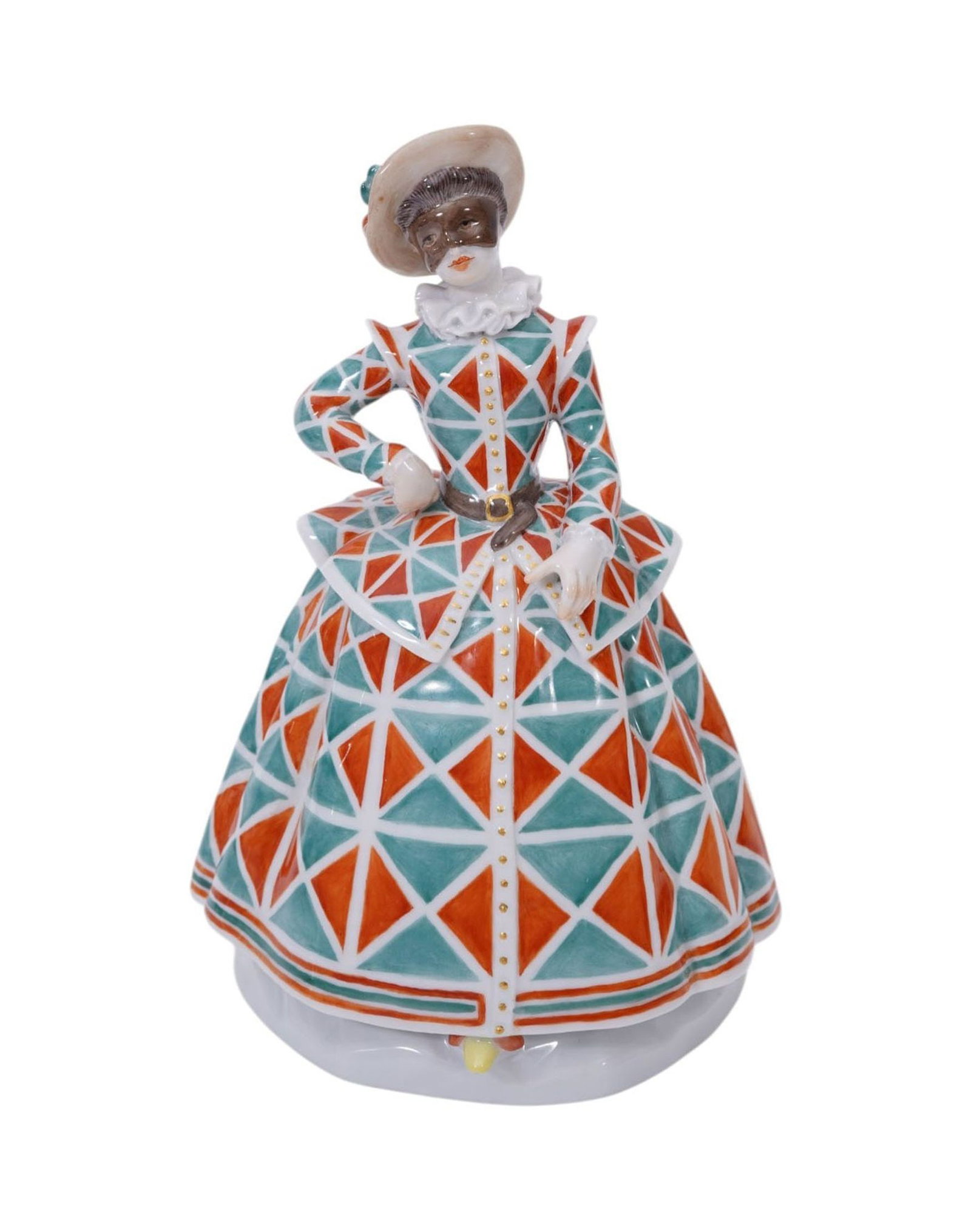 Meissen 19th C. Porcelain Harlequin, Orange & Aqua Geometric Print Dress, 5 1/2"h x 3 1/2"w x 4"d (1 of 6)