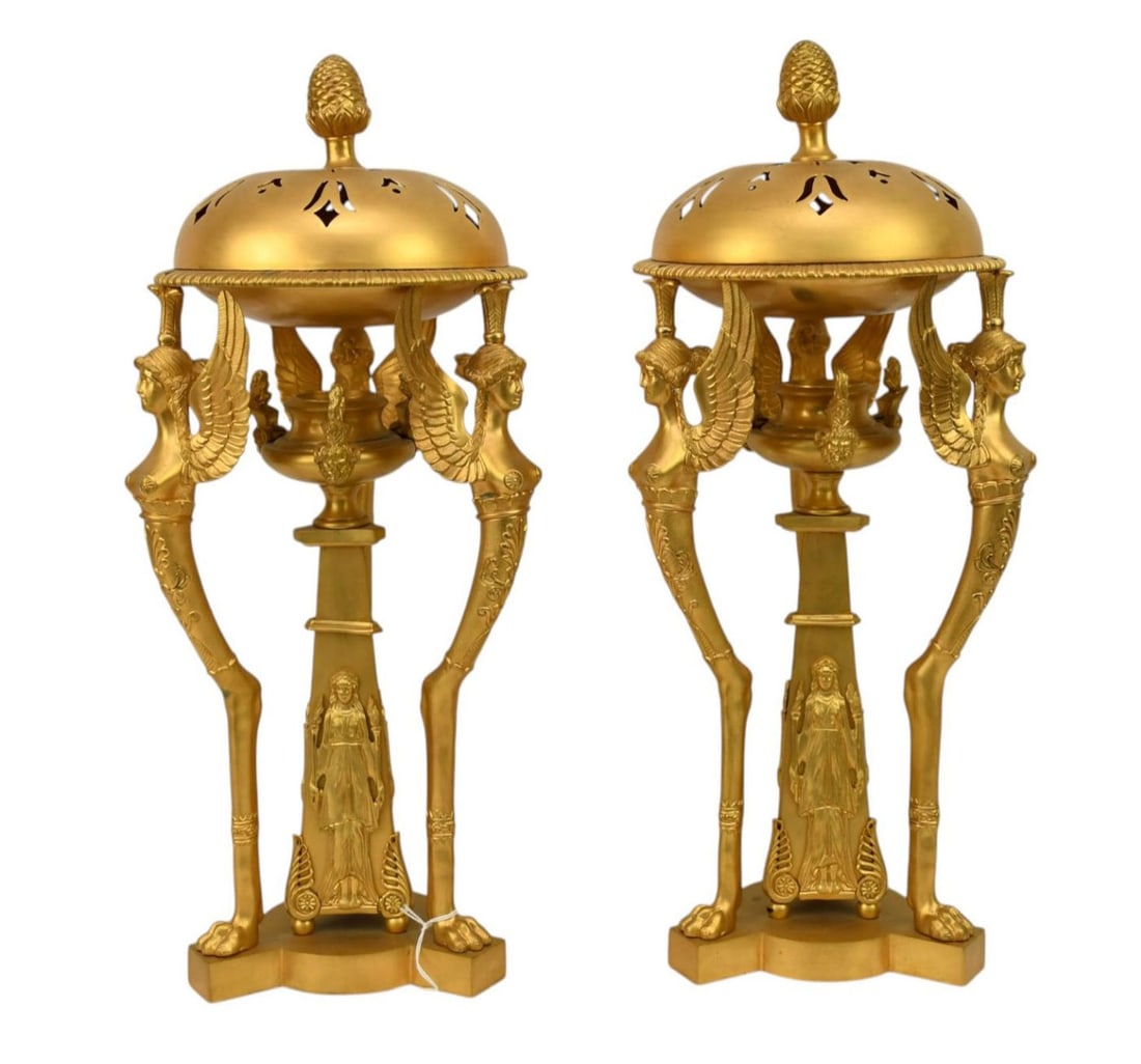 Pair of French Gilt Bronze Covered Incense Burners/Braziers, Gilt Dore Decorated Urns/Braziers (1 of 12)