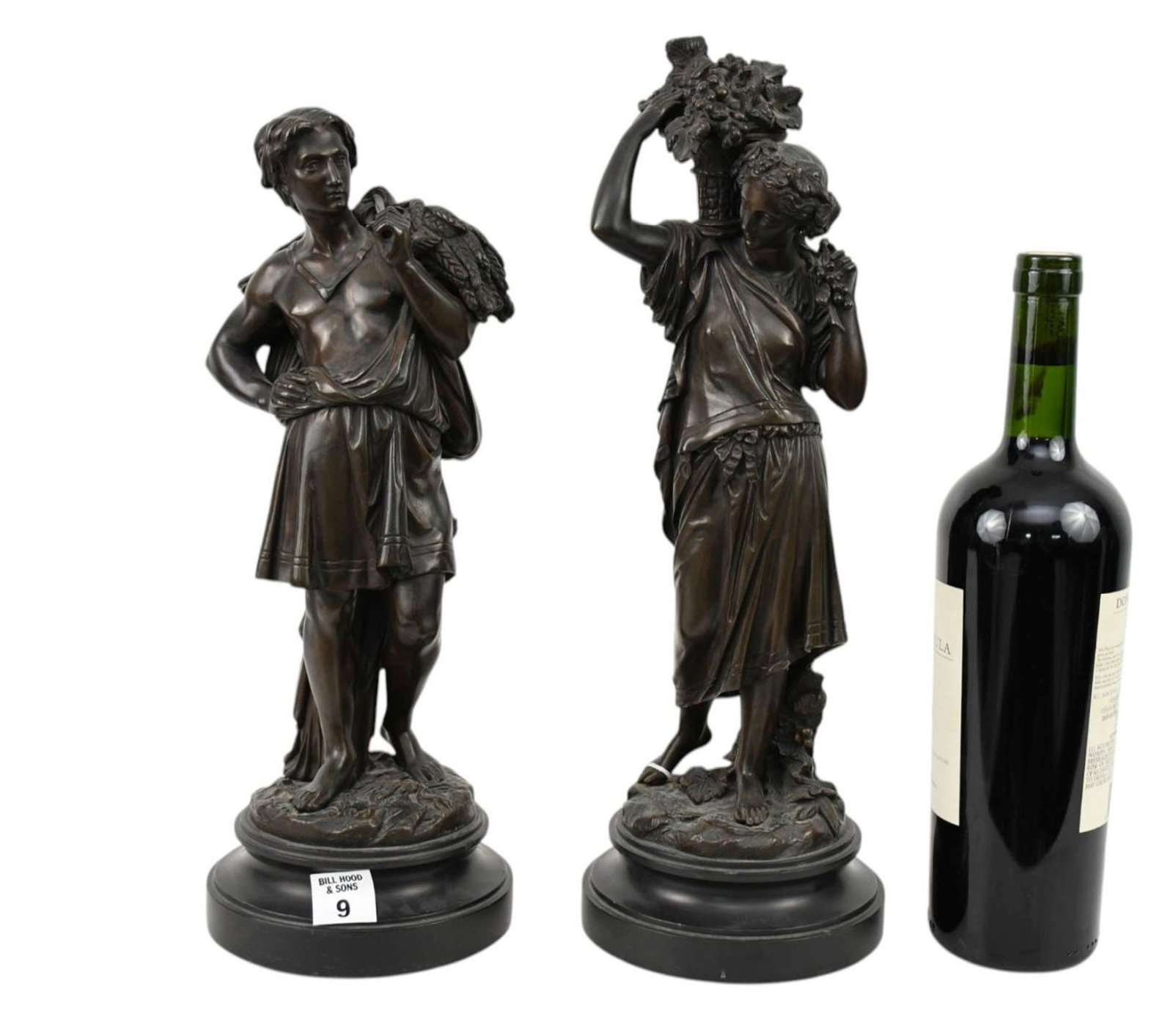 Pair Antique Bonze Sculptures, Female with Grapes, Male with Wheat, Emile Boyer, 13"h, 2"h Marble (1 of 9)