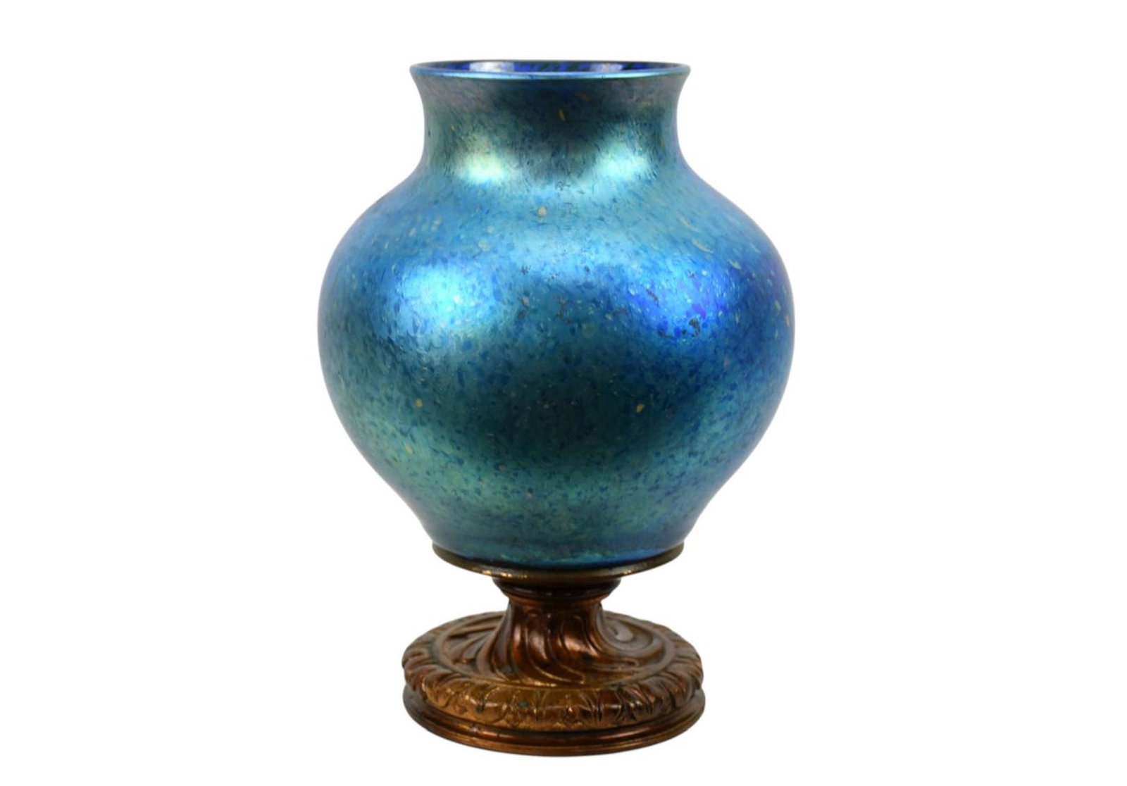 Blue Iridescent vase on bronze base marked "Tiffany Studios NY 105S" . 6in. vase on 2-1/2 inch (1 of 6)
