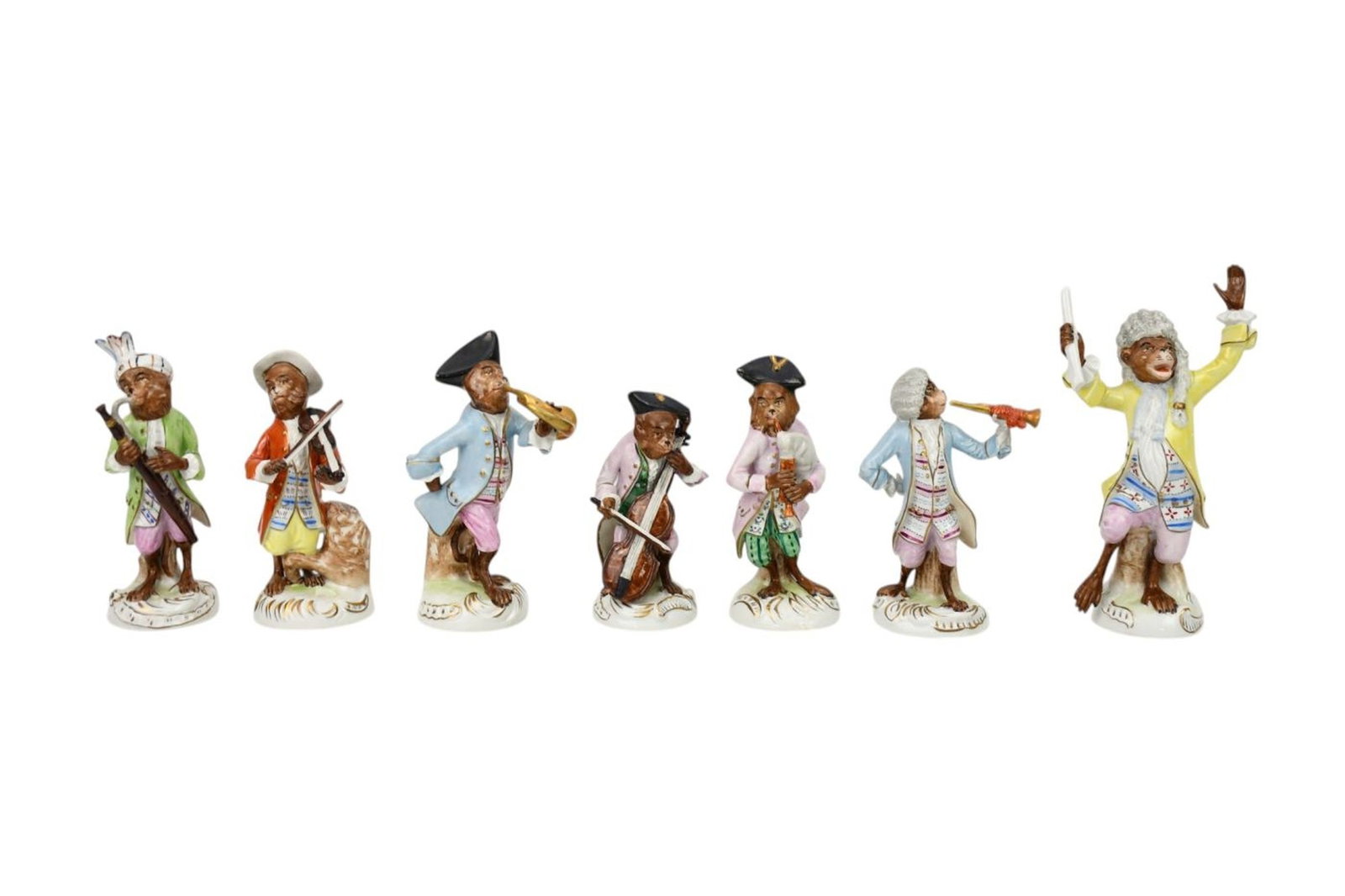 7 German Sitzendorf Porcelain "Monkey Band" Figurines, Tallest 7"h x 4"w x 2 1/2"d (good condition, (1 of 8)