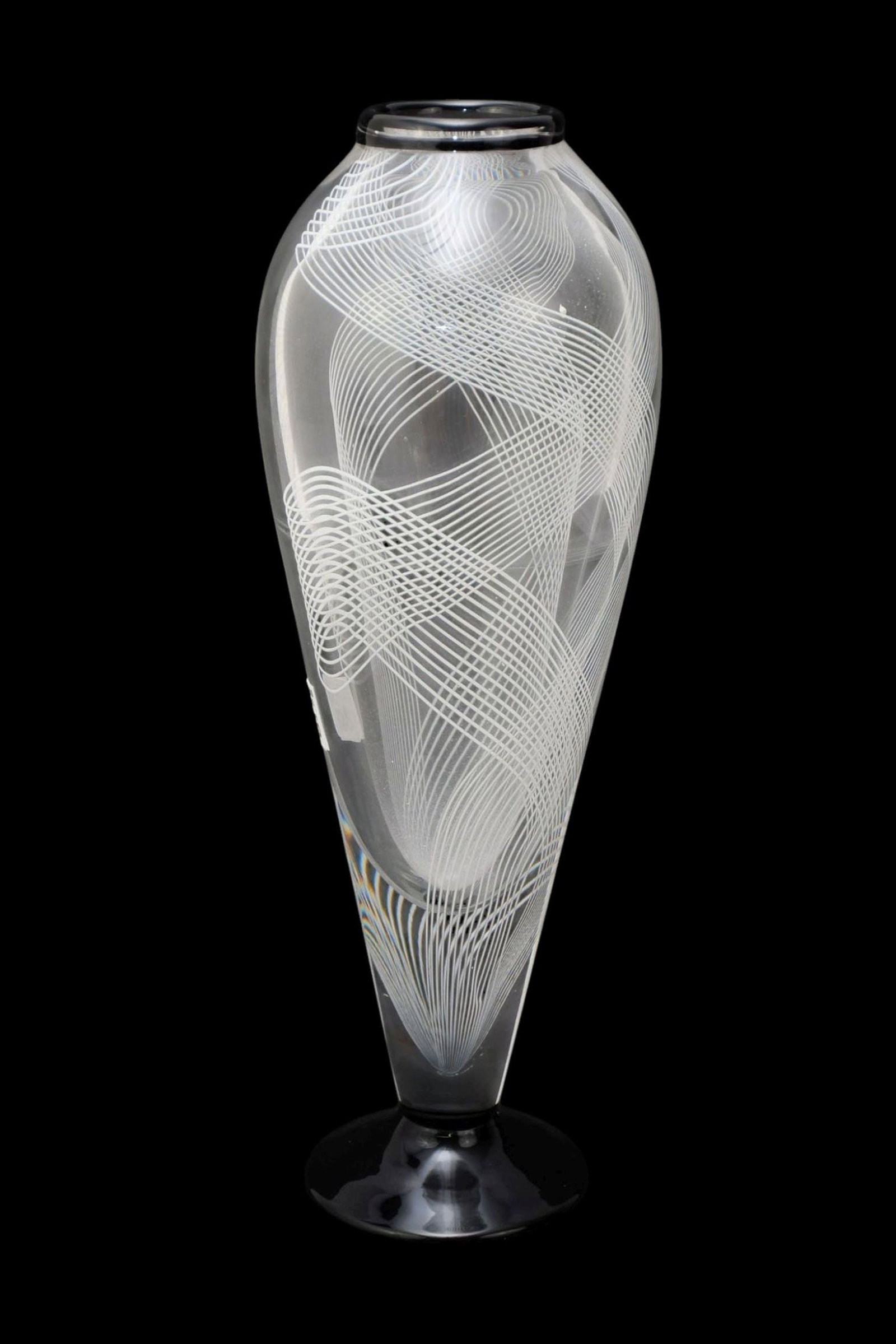 MURANO Seguso Viro “Balthus?? Glass Vase, Italian, 20th Century . Balthus-1995.: MURANO Seguso Viro “Balthus” Glass Vase, Italian, 20th Century . Balthus-1995. Colorless in white latticinio striped glass. Signed and numbered 16/101 on base, H. 17”