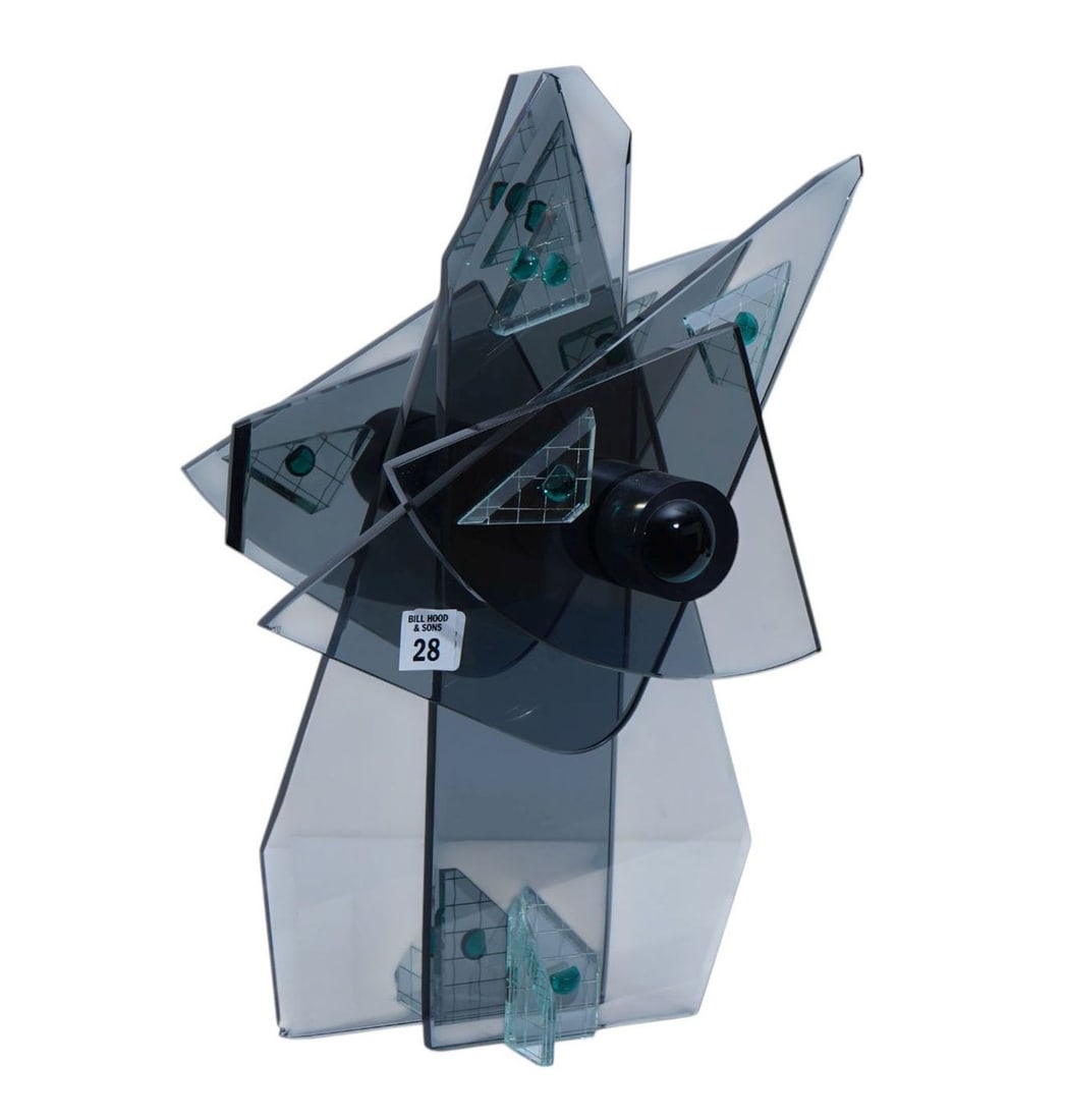 TOLAND PETER SAND (American b. 1949) Contemporary Glass: TOLAND PETER SAND (American b. 1949) Contemporary Glass Scape, Abstract glass construction with smoky and colored glass panels applied with bottle glass triangles and green cabochons. H. 17" X W. 13"