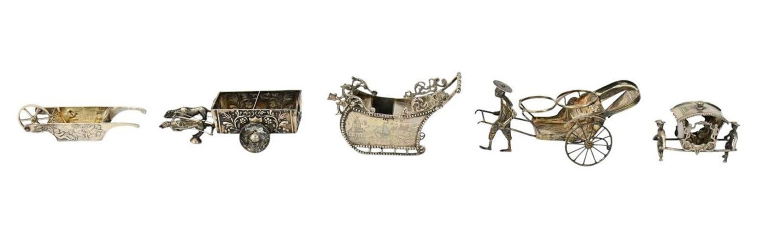 Lot of 5 Antique Continental Silver Miniatures, Wheelbarrow Salt Cellars, Engraved Sleigh, and (1 of 11)