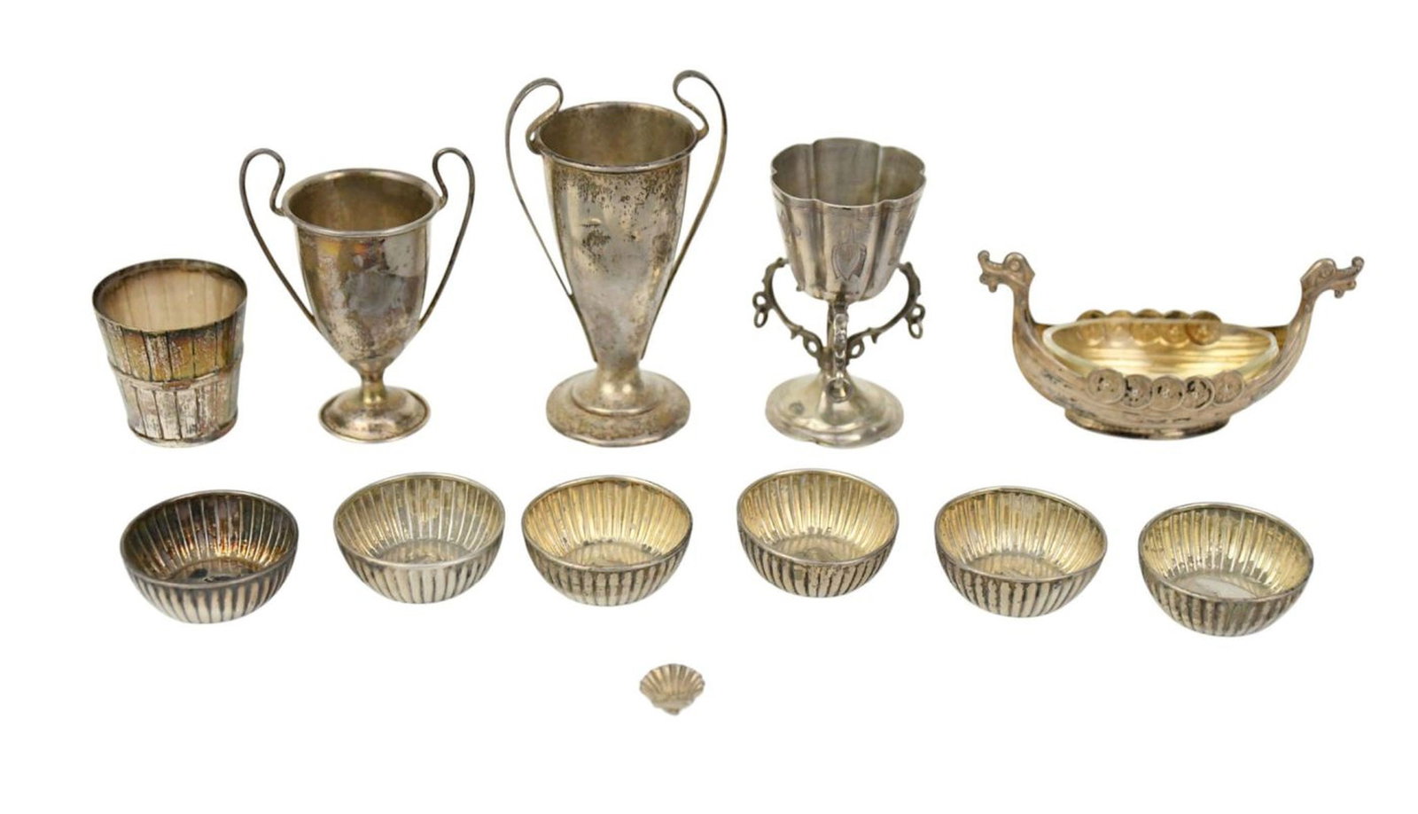 Lot of 6 Antique Silver Miniature Bowls, 1 Viking Salt Cellar with Liner, 3 Handle Cup, Wine Bucket, (1 of 6)