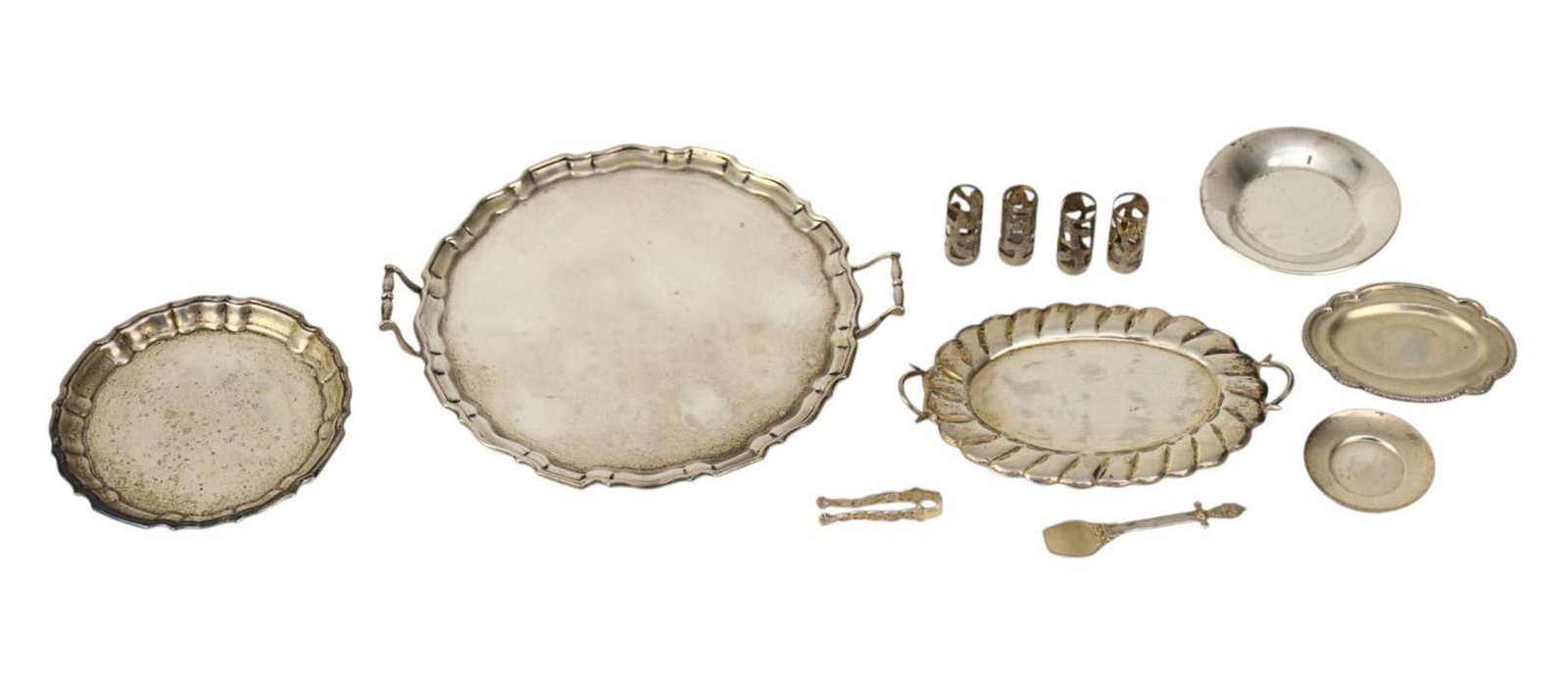 Lot of Antique Continental Silver Miniatures, 6 Assorted Trays, 4 Tumblers, Ice Tongs, Serving Spoon (1 of 7)
