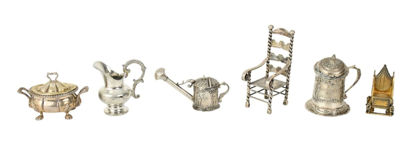 Lot of 6 Antique Continental Silver Miniatures, Sterling & "800" 2 Chairs, Tankard with Lid, Covered (1 of 8)