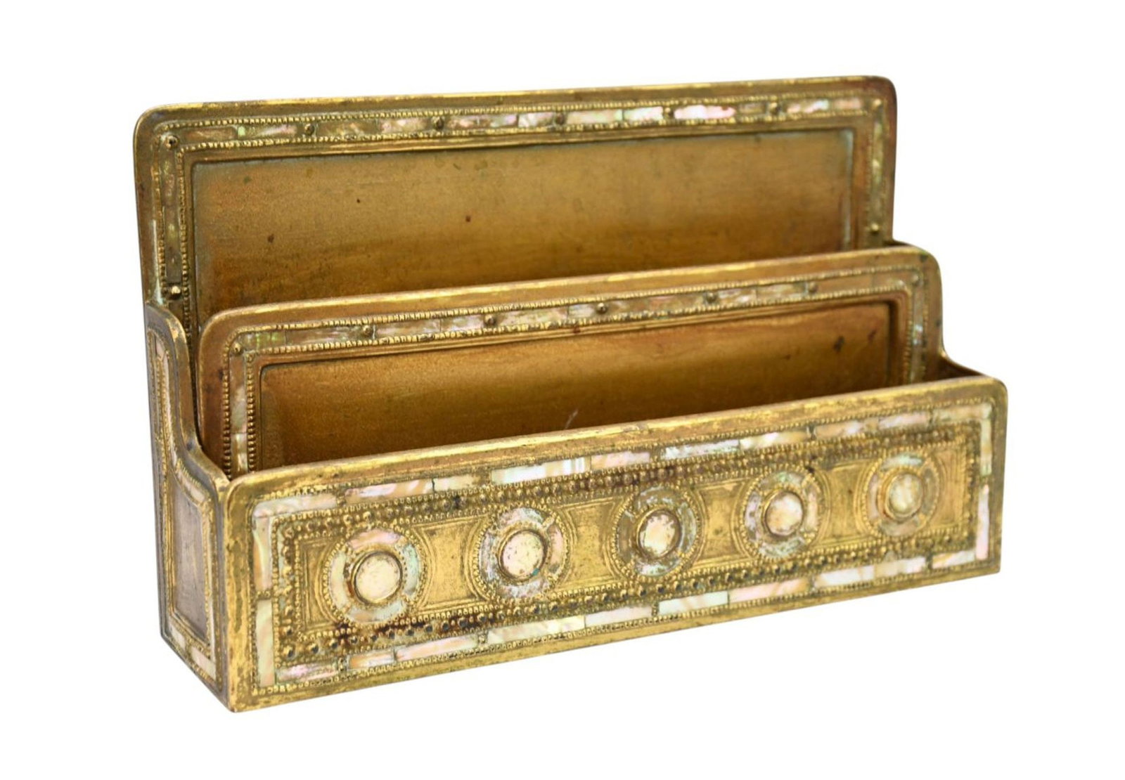 Tiffany Studios New York Bronze Letter Rack with Mother Of Pearl Accents, Venetian pattern, 10w x 6h (1 of 6)