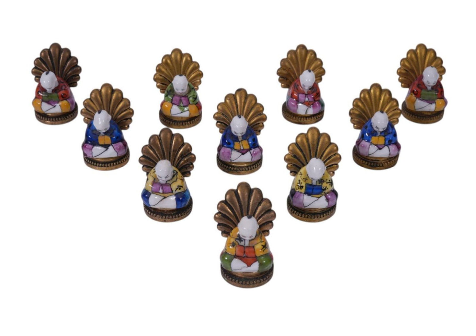12 Seated Chinese Figural Ceramic Multi-color Place Card Holders, Made in France Stamped on Bottom,: 12 Seated Chinese Figural Ceramic Multi-color Place Card Holders, Made in France Stamped on Bottom, 1"high