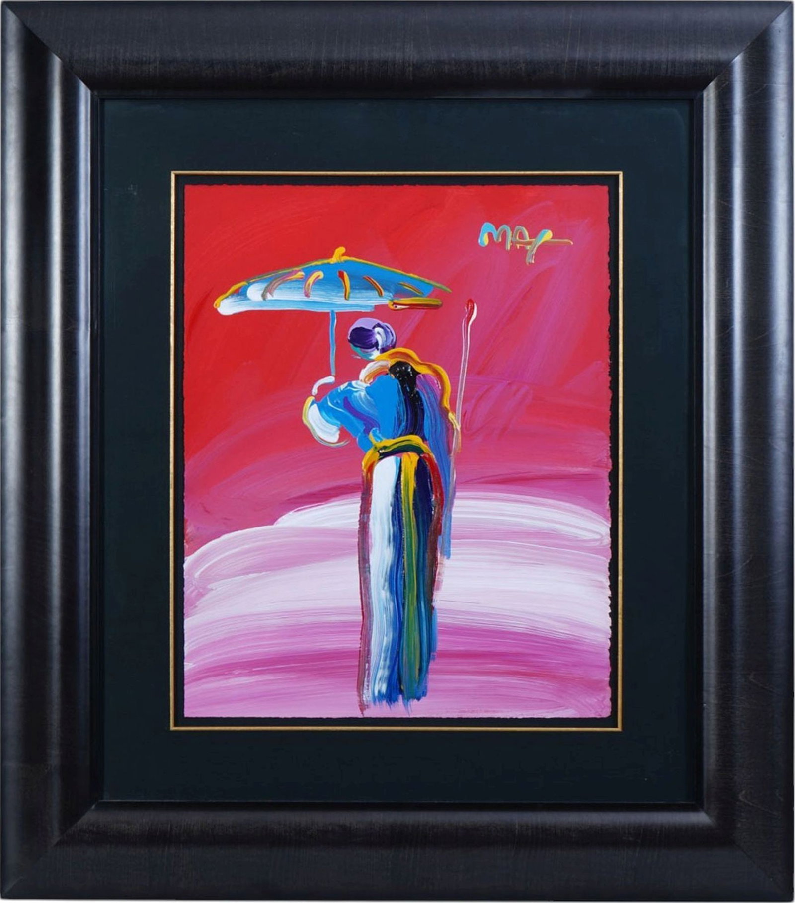 Peter Max (American b.1937) Original Painting, Acrylic on paper, Umbrella Lady, 20 x 16 inches. (1 of 5)