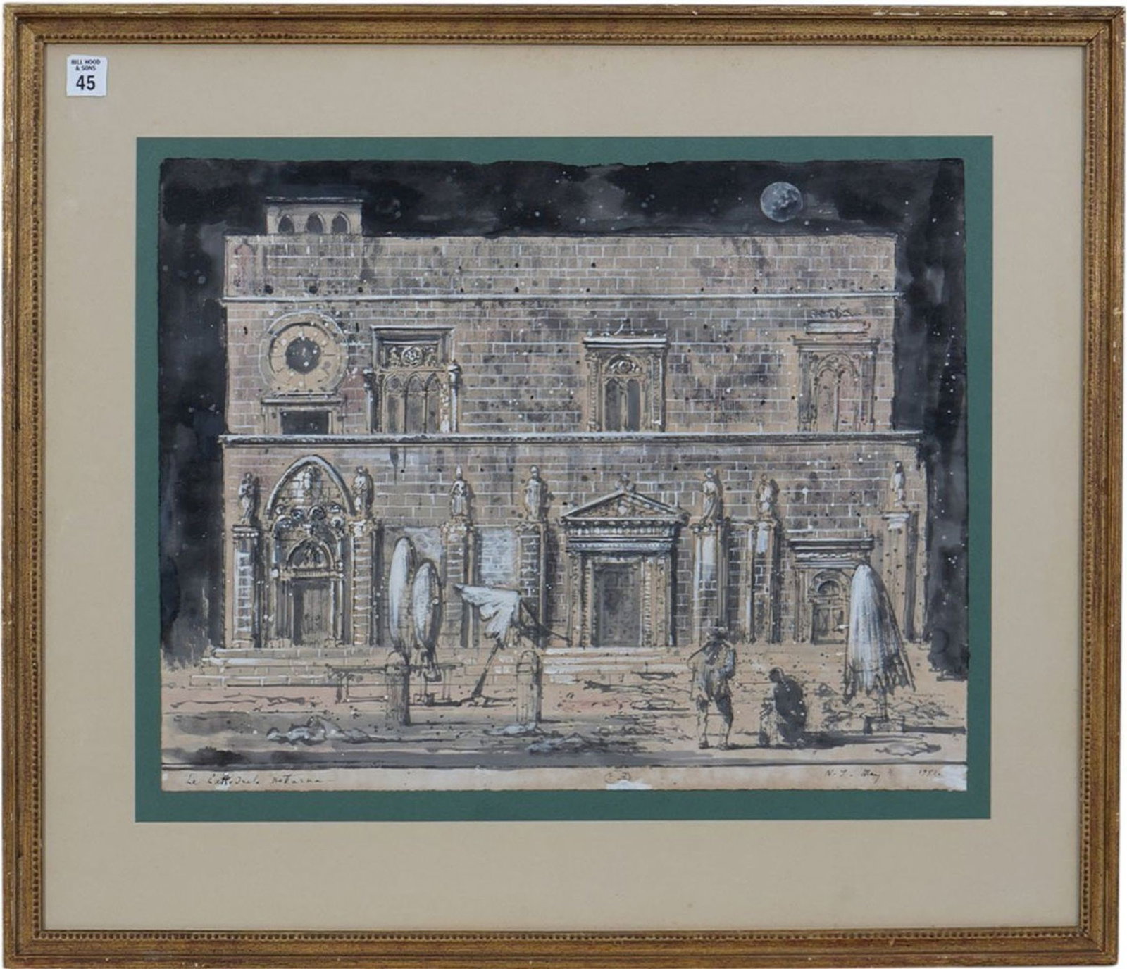 Signed E.B.? Watercolor/Gouache, Italian Palace Façade, sheet size 16 x 21 inches. Overall framed (1 of 8)