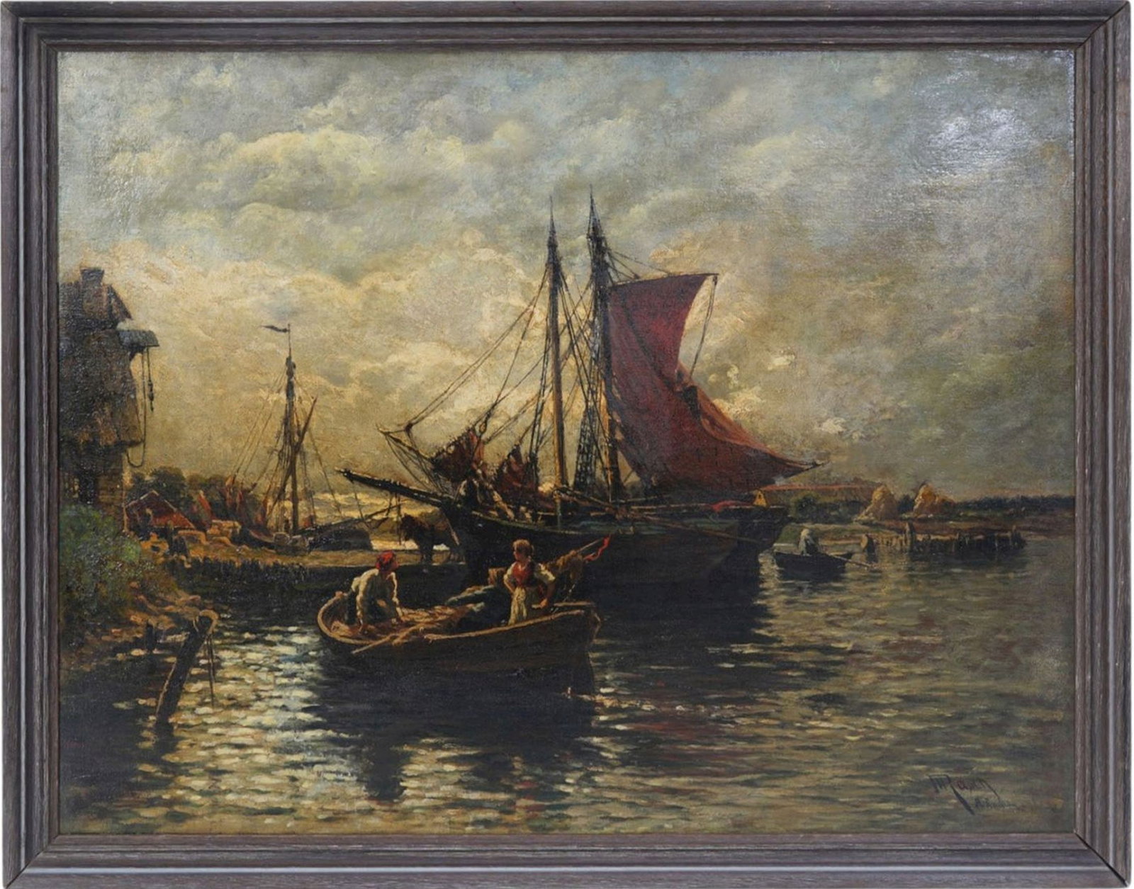 A 19th Century oil on relined canvas, of boats in a port. Dutch port scene.- "Port Henrich Rasch (1 of 7)